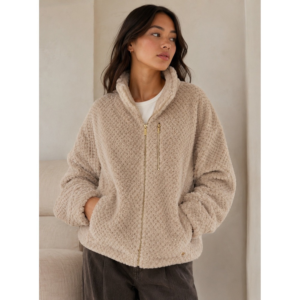 Anne Klein Sherpa Fleece Jacket Full Zip Beige Teddy Plush Soft Women's Small